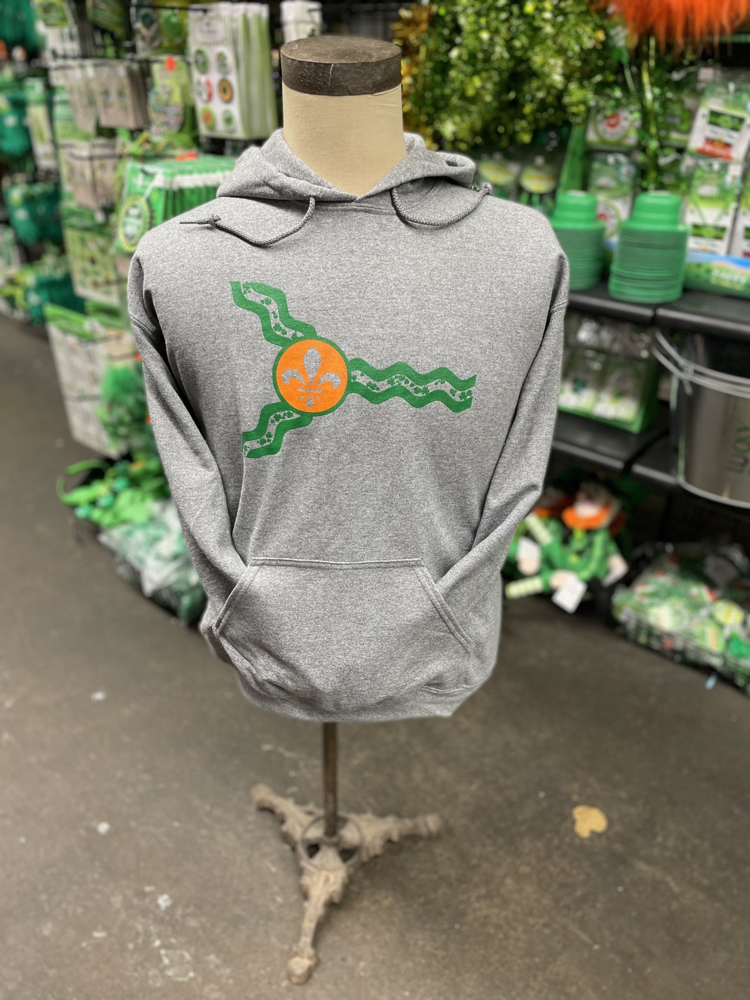 The grey St. Louis St. Patrick's Day hoodie on a mannequin. 
