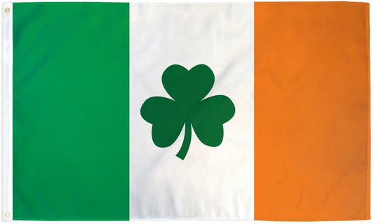 The flag of Ireland with a green shamrock in the middle.