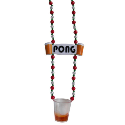 A beer pong beaded necklace that has a shot glass at the end of it. 