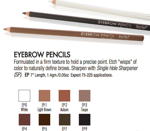 The different shades of the Ben Nye eyebrow pencils.
