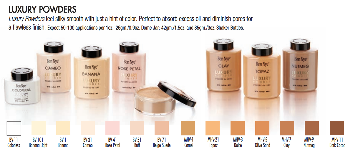 The different shades of Ben Nye luxury powder makeup.