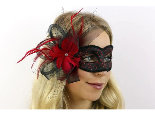 Venetian Mask w/ Feathers: Red
