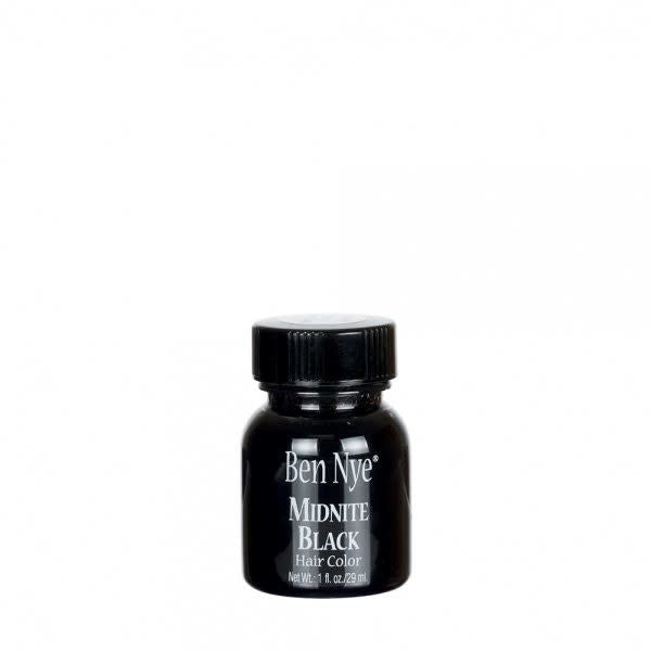 Ben Nye hair color in midnite black in a 1 oz bottle.