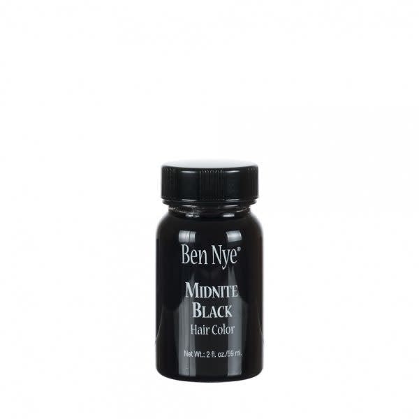 Ben Nye hair color in midnite black in a 2 oz bottle.