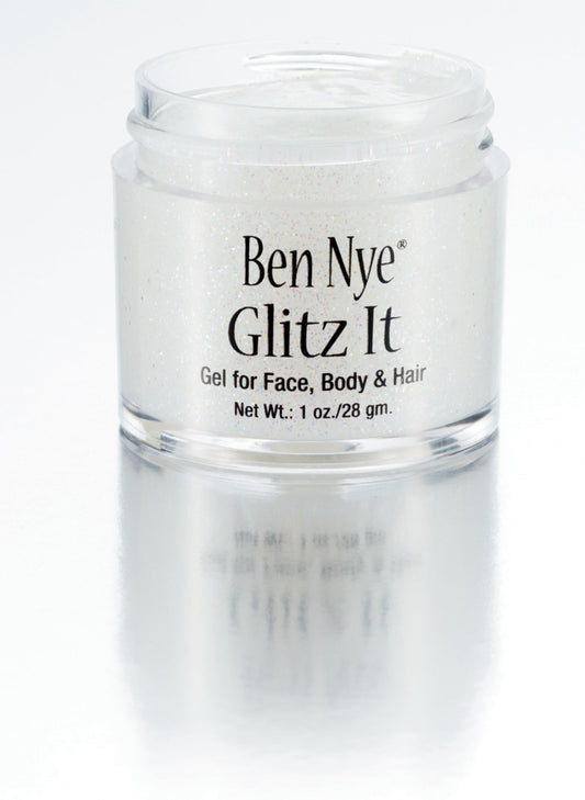 The Ben Nye Glitz It Gel for the face, body, and hair in a 1 oz container.