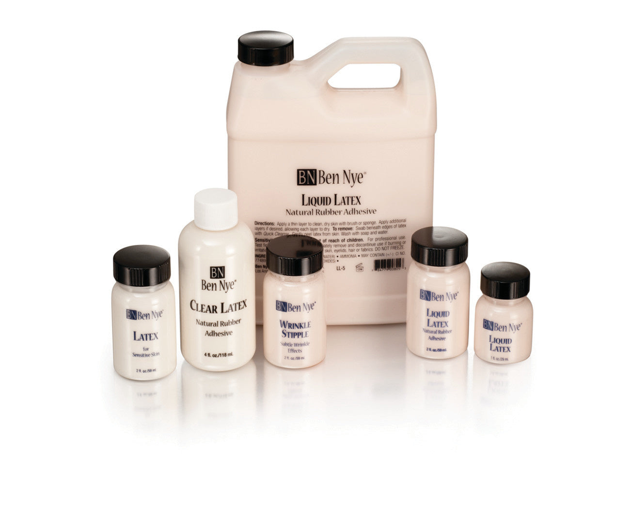Various sizes of Ben Nye liquid latex rubber adhesive.