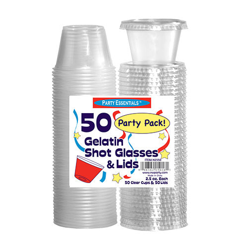 Amscan Clear Gelatin Shot Glasses Plastic Cups with Lids, 2.5oz, 50ct