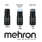 Mehron Cream blend stick in white, black, moonlight white, light grey, and monster grey shades.