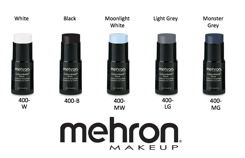 Mehron Cream blend stick in white, black, moonlight white, light grey, and monster grey shades.