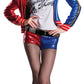 A woman wearing a harley quinn costume for adults.