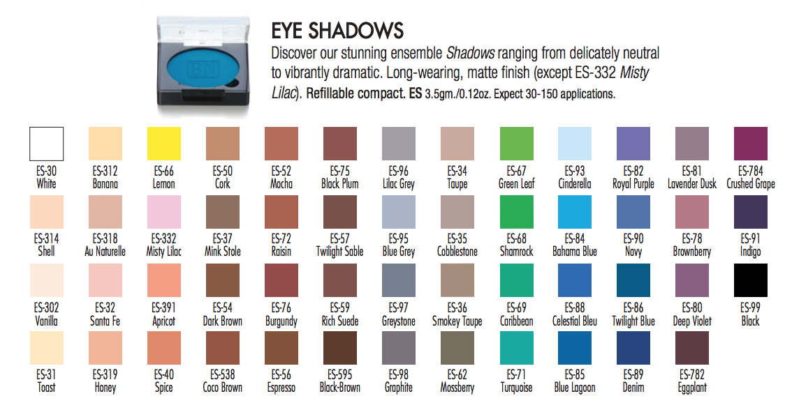 Another chart of some of the different shades of Ben Nye Pressed eye shadow.