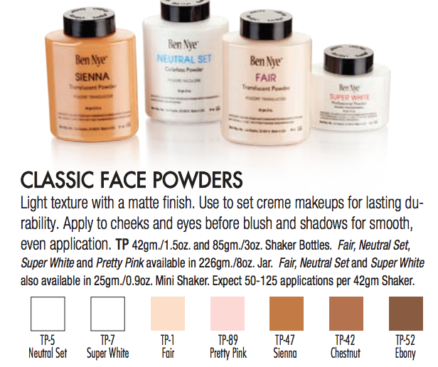 A chart with the different styles of classic face powders from Ben Nye.