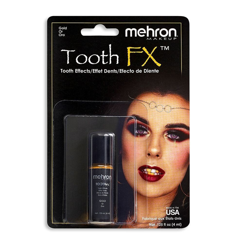 A 1.25 fl oz package of gold Mehron Tooth FX.