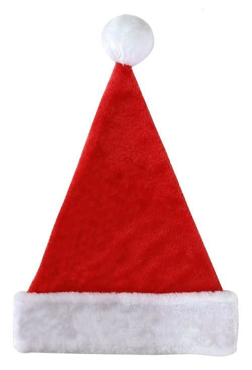 A close up of the 17" plush promo Santa hat for Christmas.