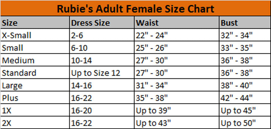 The sizing chart for the Ghostbusters women's costume.
