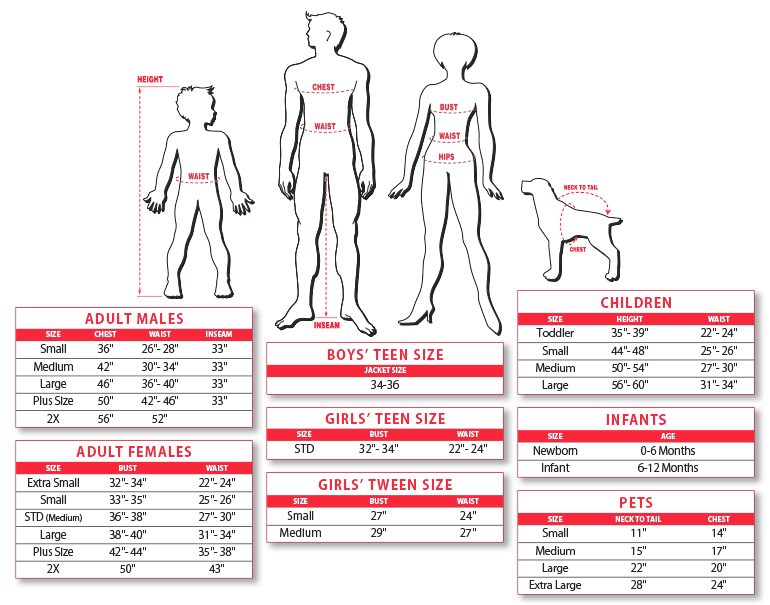 The sizing chart from the kids Lurch Addams costume.