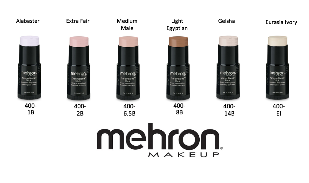 Mehron Cream blend stick in alabaster, extra fair, medium male, light egyptian, geisha, and eurasia ivory shades.