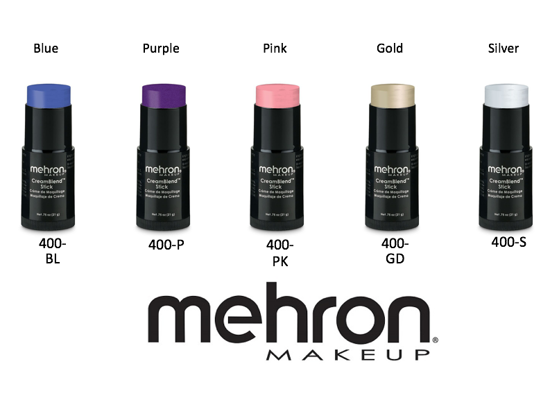 Mehron Cream blend stick in blue, purple, pink, gold, and silver shades.