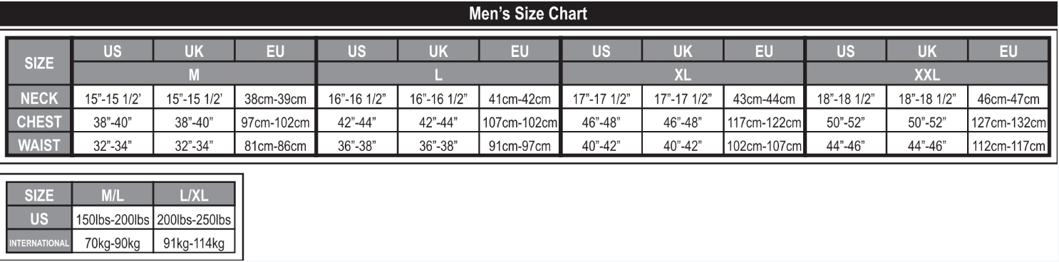 A sizing chart of the Ed Banger costume.