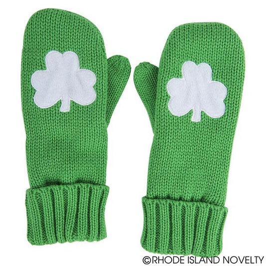 A pair of St. Patrick's Day mittens with a shamrock on top.
