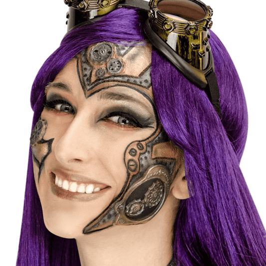 a woman wearing the steampunk prosthetic makeup kit for her costume.