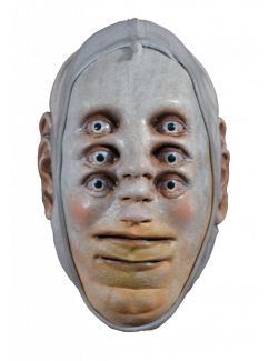 A vertigo mask costume with six eyes, three noses, and three mouths.