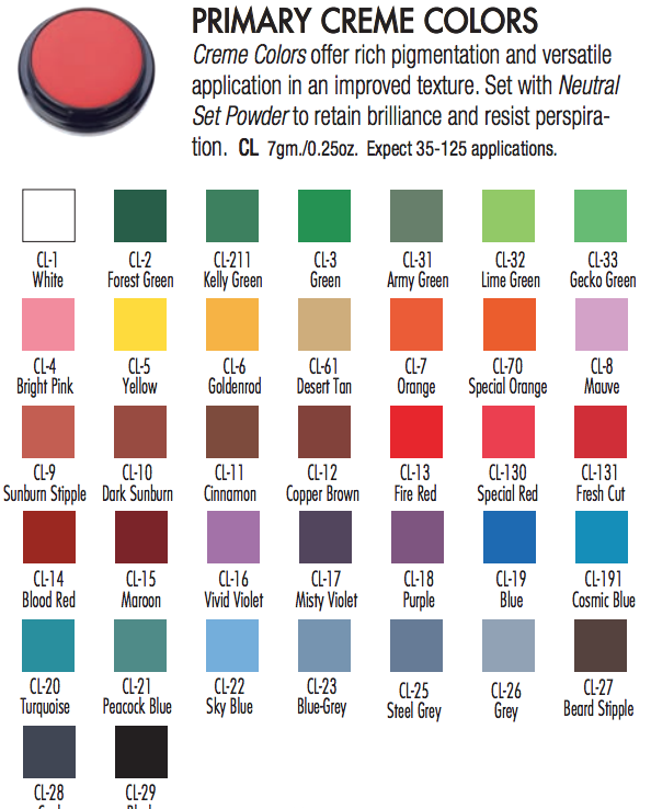 A view of all the available Ben Nye Creme Color makeup.