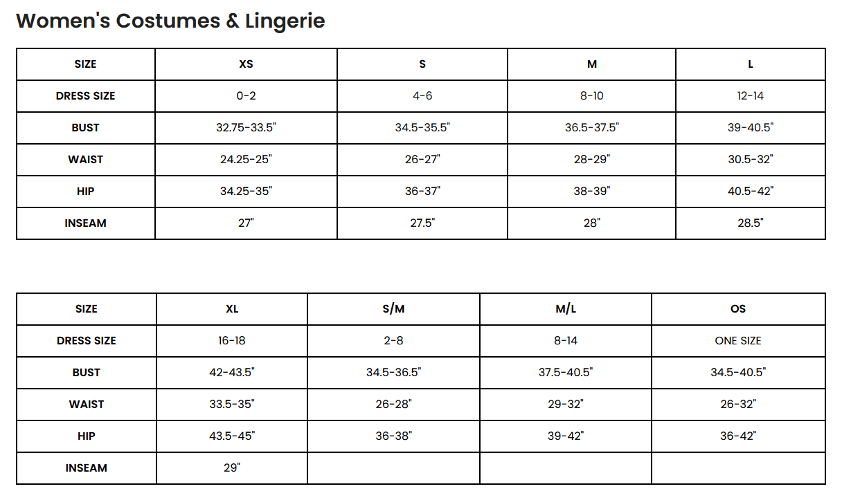 The size chart for the Santa's little helper costume.