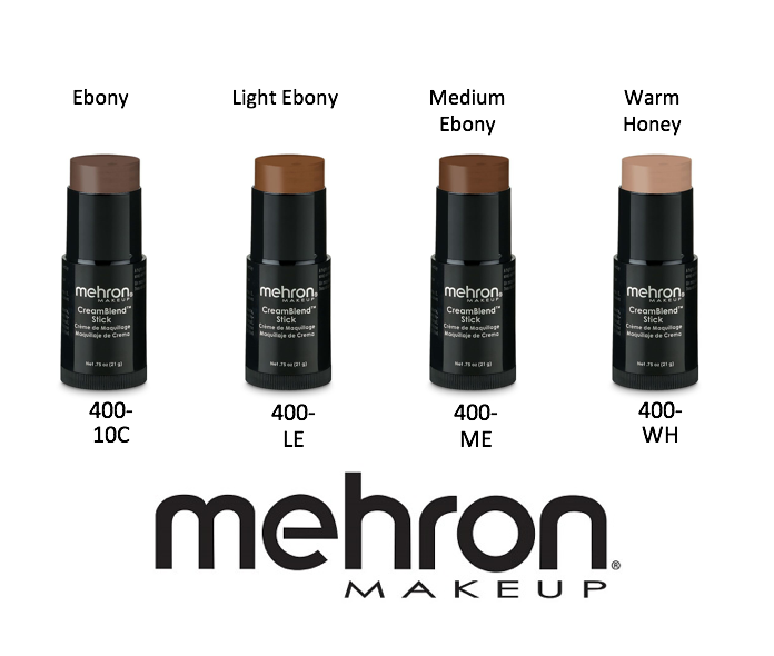 Mehron Cream blend stick in ebony, light ebony, medium ebony, and warm honey shades.